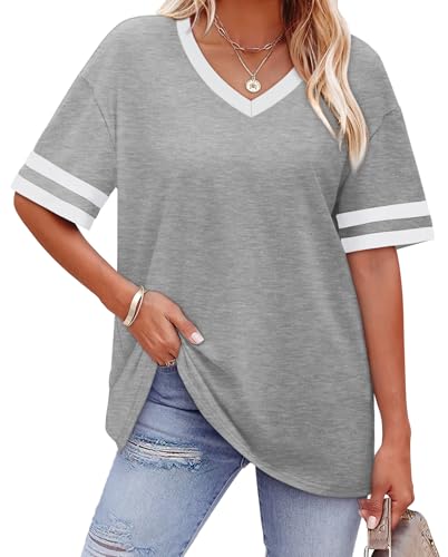 Image of WIHOLL Womens T Shirts Loose Fit Short Sleeve Tees V Neck Color Block Summer Tops 2026 Fashion S-4XL