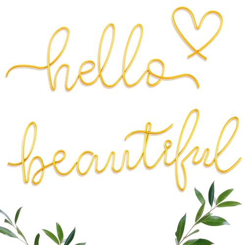 Image of Hicarer Metal Hello Gorgeous Wall Art Minimalist Decor for Bedroom Bathroom Living Room Dressing Room Salon Office Home Decorations Easy to Install Wall Decor(Gold,Lovely Style)