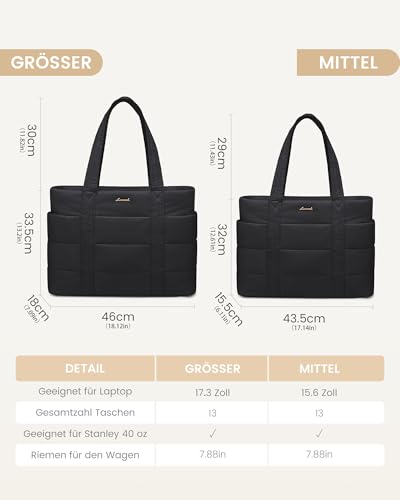 LOVEVOOK Laptoptasche Damen 15,6 Zoll, Shopper Tasche Puffer Handtasche Arbeitstasche Groß Tote Bag, Lehrertasche Schultertasche Bürotasche Aktentasche Women Handbags für Uni Business Schule, Schwarz