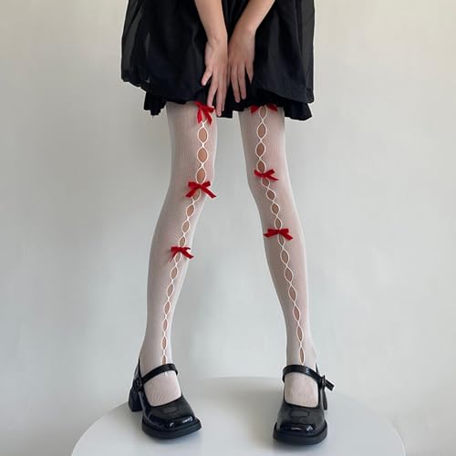 Image of SOLILOQUY Women's Lolita Pattern Tights Kawaii Velvet Bowtie Fishnet Stockings Leggings Mesh Pantyhose Hollow Out lace Socks