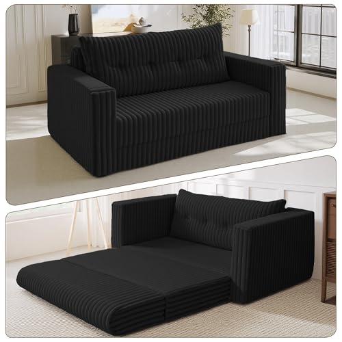 Image of HABUTWAY 49.8 inch Loveseat Boneless Couch, 4-in-1 Convertible Sofa Bed, Plush Fur Folding Futon Sofa Bed Couches with a Pillow for Living Room, High-Density Foam Support, No Assembly Required, Black