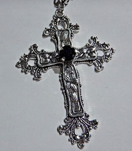 Large Gothic Cross Necklace silver-tone pendant with glass stone, on 24" steel chain…2