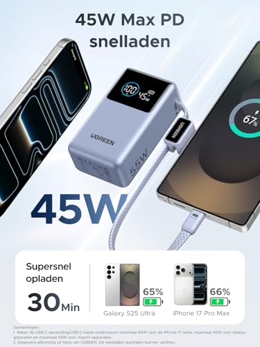 UGREEN 55W Powerbank 10000mAh met geïntegreerde kabel, Mi Turbo Charge voor Xiaomi, 45W PD snelladen Compatibel met iPhone 17, Externe mobiele batterij voor Galaxy S25 Ultra en meer - Afbeelding 6
