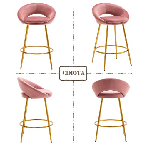 Cimota Velvet Pink Bar Stools Set Of 2 Modern Barstools 26 Inch Counter Stool Chairs With Open Back/Gold Base Kitchen Stools For Island/Home Bar/Dining Room/Kitchen #TOP4