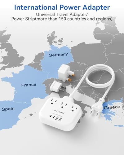 European Travel Plug Adapter, US to European Plug Adapter with 3 American Outlets & 4 USB, 3ft European Power Cord, International Travel Power Strip, Type C for Europe EU Germany France, Travel, White2