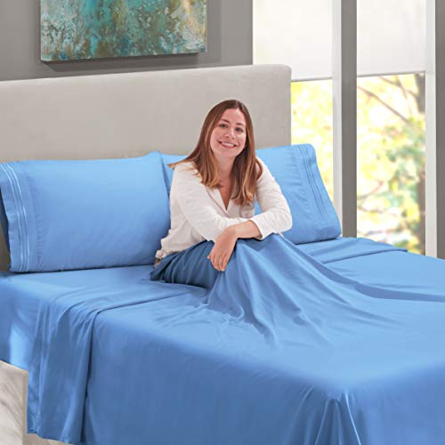 Image of Nestl Full Bed Sheet Set - Calm Blue - 4-Piece Deep Pocket | Instantly Soft, Night-One Ready (No Wash Required). Fits 16-Inch Deep Pockets, 360-Degree Elastic Grip