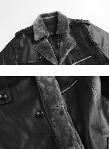 HOOD CREW Mens Leather Jacket Fashion Leather Trench Coat 3/4 Length Casual Winter Faux Fur Coat4