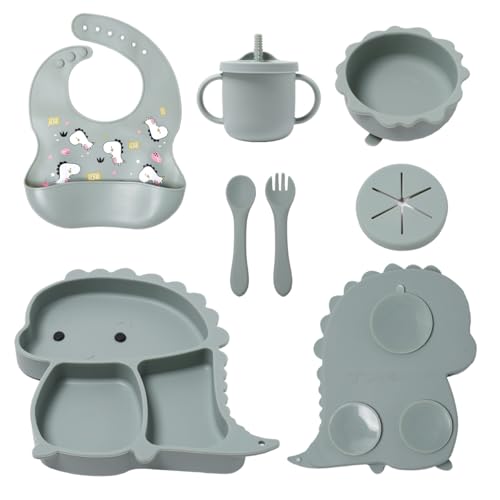 Image of PURFEA Silicone Baby Feeding Set, Baby Led Weaning Supplies, Eating Essentials Utensils with Suction Plate and Bowl, Pocket Bib, Sippy Cup with Lid, Forks Spoons Snack Container (Army Green) 6M+