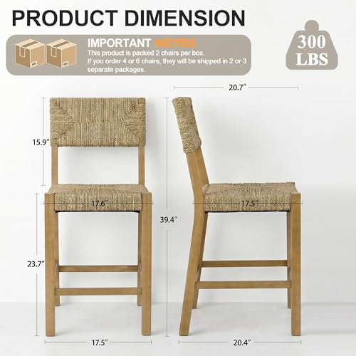 Butacos de bar DUHOME de ratán, juego de 4 unidades, altura para mostrador (24''), estilo bohemio, asiento y respaldo tejidos en pasto marino, patas de madera maciza y reposapiés, para isla de cocina, comedor y bar en el hogar miniatura 2