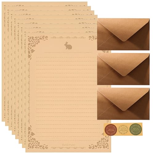 Qixuer 16 Stück Vintage briefpapier mit umschlag Set, Kraftpapier Umschläge, 3 Vintage Kraftpapier Umschläge, 10 Bunny-Briefbögen und 3 Dichtungsaufkleber zum Schreiben von Geburtstag