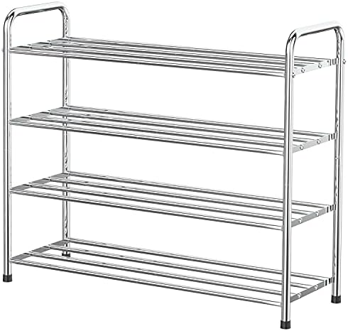 FANHAO 4-Tier Shoe Rack, 100% Stainless Steel Shoe Storage Organizer, Stackable 12-Pair Storage Shelf for Bedroom, Closet, Entryway, Dorm Room, 26.8" W x 10.24" D x25.6 H (Silver)