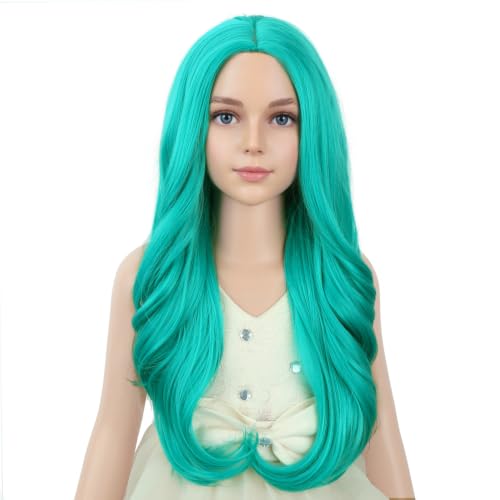 Image of PATTNIUM Blue Green Wig for KIds Girls Long Curly Wigs Middle Part Heat Resistant Synthetic Wigs Halloween Cosplay Costume Party Wig