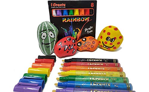 I Create Acrylic Painting Pens (Rainbow) | Set of 8 Permanent Colours | Ideal for Rock, Glass, Wood, Metal, Ceramic Surface Painting | 2 mm Nib | Water-Resistant and UV Resistant