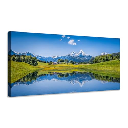 Panorama con montagne innevate e lago riflettente - Quadro stampa su tela con telaio in legno - 100x50 cm