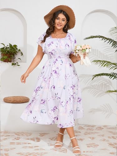 Image of Plus Size Maxi Dress Off The Shoulder Ruffle Smocked Wedding Guest Cocktail Slit Hem Flowy Dresses for Curvy Women