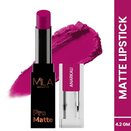 Image of Mila Beaute Pro Matte Lipstick | Highly Pigmented & Long lasting | Semi Matte Finish | Light Weight Lipstick | Single Swipe Application | Luxurious Lip Color | Shade -(Anarkali, 4.2g) (Pack of 2)