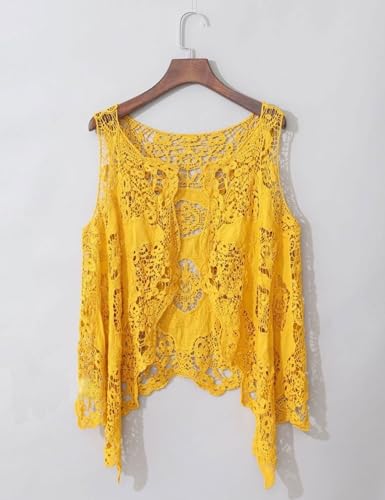 Image of FindThy Women's Hollow Knitting Stitch Cardigan Open Front Draped Boho Hippie Crochet Vest