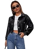 MakeMeChic Women's Casual Faux Leather Jacket Long Sleeve Button Front Cropped Outerwear Coat Black M