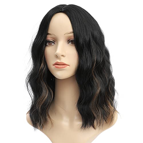 Short Wavy Wigs for Women Middle Part Curly Bob Wigs 14 Inch Black Mix Brown Highlights Synthetic Hair Wigs Natural Looking Heat Resistant Fiber Daily Cosplay Costume Wig