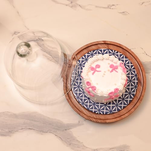 Image of Candy Cloud Acacia Wood Cake stand with Glass Dome | Multipurpose Dessert & Cupcake Display | Serving Cake Plate with Dome Lid | Pastry Stand