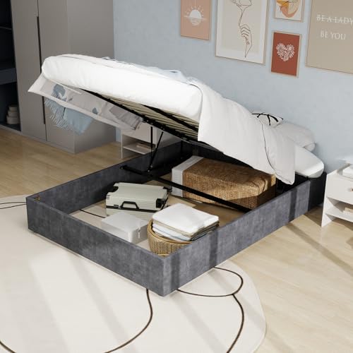 kozamas Polsterbett 160x200 cm Grau mit Stauraum, Modernes Stoffbett aus Samt mit Gasdruckfeder, Bettgestell ohne Kopfteil und Matratze