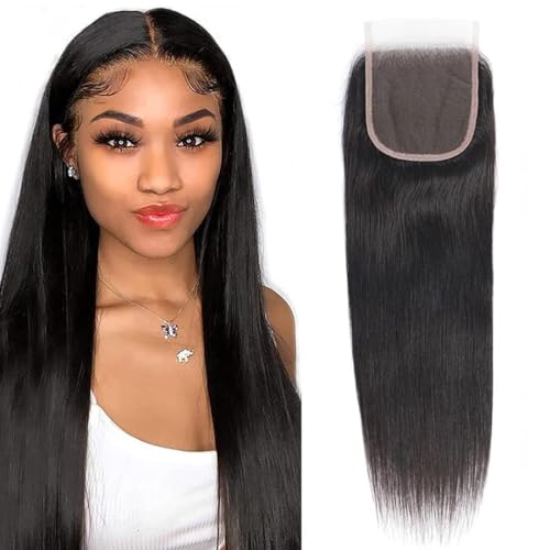 Fechamento de 4x4 em renda brasileira, cabelo humano liso, HD transparente, suíço 100% cabelo humano não processado, liso, cor natural (30 cm)