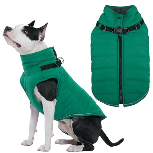 Kuoser Dog Jacket, Coat for Large Dogs with Harness Built-in, Thick Vest with Leash Hole, Cold Weather Snow Jacket for Labrador Beagle, Green XL XL (Chest Girth: 29.9'') Green