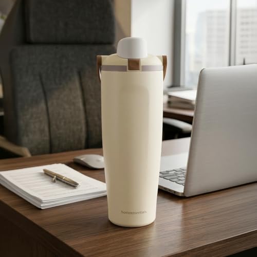 Image of HomeEssentials 1200ml Stainless Steel Insulated Water Bottle with Straw & Secure Lock Lid, Leakproof Double Wall Vacuum Flask for Hot & Cold Drinks, Sports & Travel Bottle (Biege)