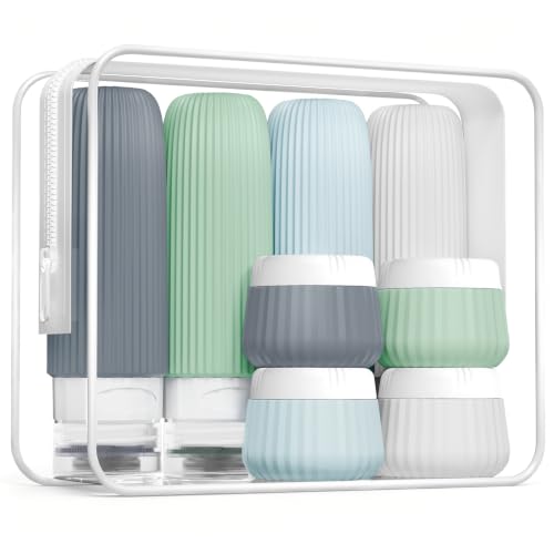 Image of Mrsdry Travel Bottles for Toiletries 8 Pack, Tsa Approved Travel Size Toiletries 3 oz, Travel Containers for Toiletries, with Clear Bag, Leak Proof Silicone Squeezable Travel Essentials Creams Jars