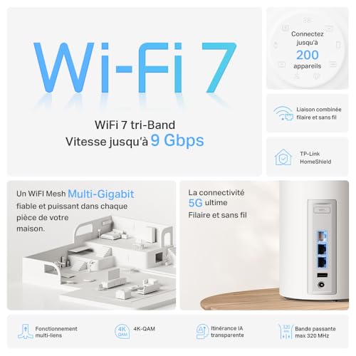 TP Link Deco BE65 Pro V1 Système Wi Fi 2 routeurs jusqu'à 5800 pieds carrés maillage 1GbE 2.5GbE 5GbE Wi Fi 7 Bande - vue 3