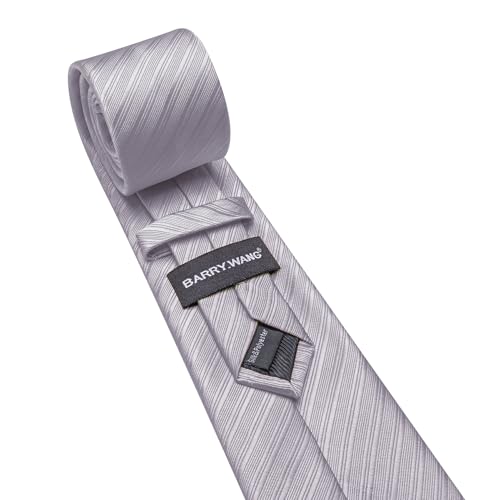 Image of Barry.Wang Solid Striped Tie for Men Silk Necktie Pocket Square Cufflinks Formal Wedding Party Business