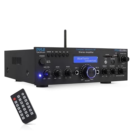 Pyle Compact Bluetooth Stereo Amplifier - 200 Watt Desktop Audio Power Amp Receiver with FM Radio, MP3/USB/SD Readers, Digital LCD Display, Microphone Input - Pyle PDA612BU