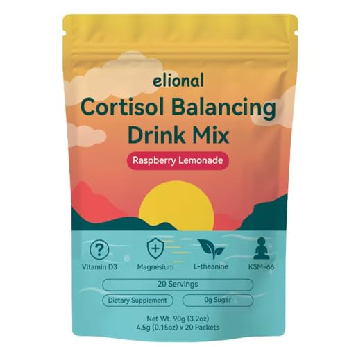 elional Cortisol Drink Mix with L Theanine Ashwagandha Magnesium & Vitamin D3 Helps Mental Clarity No Sugar Non GMO Raspberry Lemonade Flavor 20 Packets