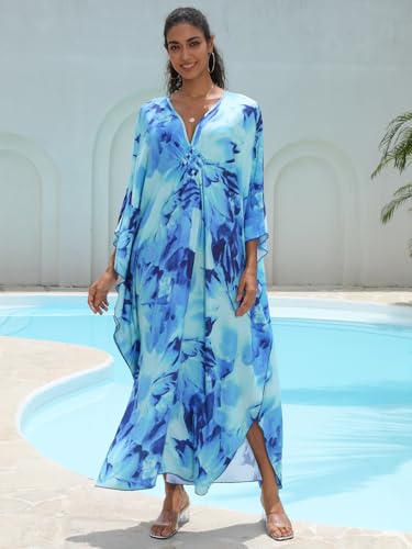 Image of IMAGEKOPE Women's Plus Size Animal Print V-Neck Batwing Kaftan Beach Dress Bathing Suit Cover-Up Loungewear