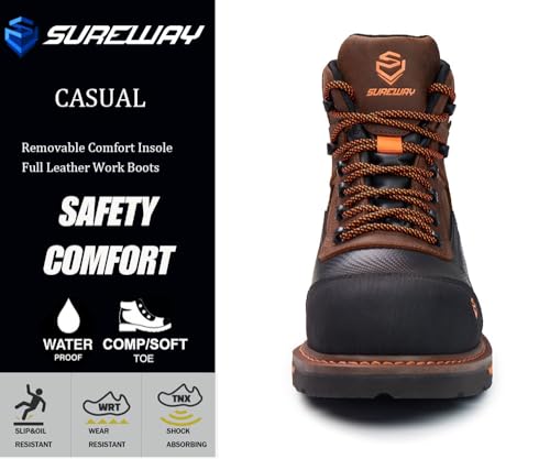 SUREWAY Composite Toe Heavy Duty Waterproof Work Boot, Men’s 6" Welt Oil/Slip Resistant Dual-Density Comfortable Outsole Leather Construction Industrial Safety Lace Up Work Boots - Brown4