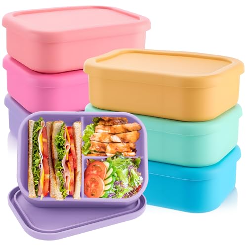 Image of Layhit 6 Pcs Silicone Bento Box for Adults, 27 oz Bento Lunch Container Reusable Food Container for Women Men, Leak Proof Microwave Dishwasher Freezer Safe (3 Compartments,Fluorescent Multicolor)