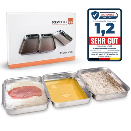 TOPANBIETER 999 Panierset - 3-teiliges Set aus Edelstahl - Spülmaschinengeeignet - Perfekt für Schnitzel - Panierschalen