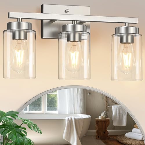 Image of IZORRO Bathroom Light Fixtures, Modern Vanity Lights, Bathroom Lighting Fixtures Over Mirror with Clear Glass Shade, Wall Sconce for Living Room Cabinet Bedroom (Brushed Nickel, 3-Light)