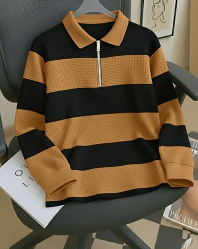 Image of Mens Stylish Half Zip Tshirt, Texture Striped Casual T-Shirt for Men, Formal Collared Neck Full Sleeves T-Shirt for Boys