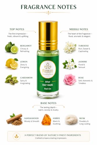 Image of Formless Raat Rani 3ml Attar Unisex - Premium Night Blooming Floral Fragrance Oil, Long Lasting Alcohol-Free Perfume, Sweet Scent, Pocket Size Roll-On,Travel Friendly Daily Wear & Special Occasions