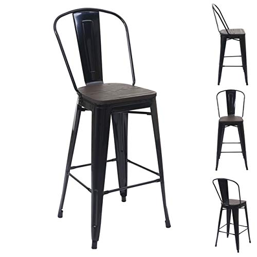 Juego de 4 taburetes con respaldo bistró, diseño industrial HWC-A73, de madera y metal barnizado, color negro
