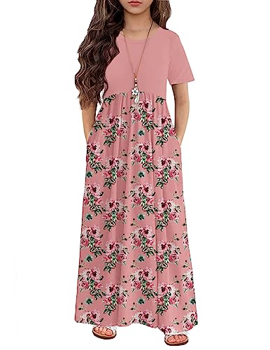 Image of Arshiner Girls Maxi Dress Long /Short Sleeve Casual Holiday Dress with Pockets for 5-13 Years