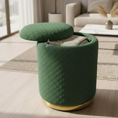 Image of Premium Round Storage Ottoman Stool 16 X 16X 19 inch, with Gold Metal Base | Luxury Pouffe with Hidden Storage | Cushioned Footrest for Living Room, Bedroom & Lounge Dark Green