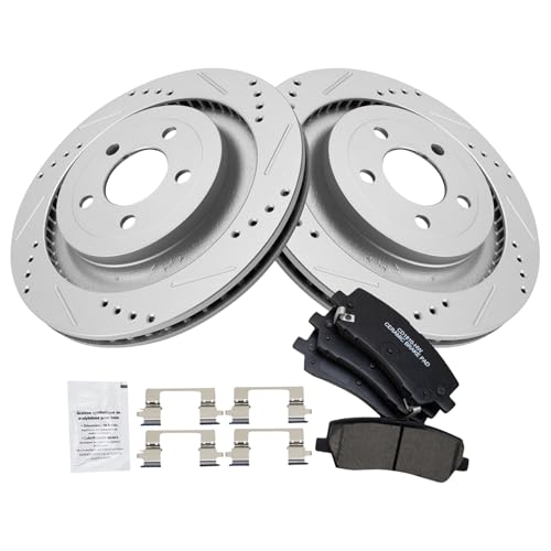 Image of TRQ Performance Rear Brake Pad and Rotor Set Ceramic Drilled Slotted G Coated Rotors Compatible with 2015-2018 Ford Mustang
