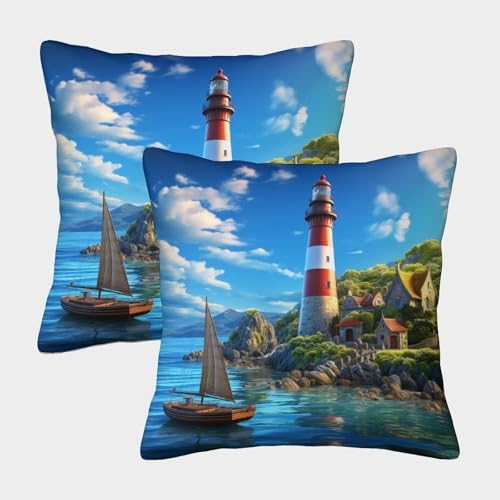 Coastal Lighthouses Stampato in 3D Fodere Cuscini Decorativo Regalo Di Compleanno E Natale Fantasy Style Copricuscini Divano Moderna Set Di 2 Per Soggiorno 50x50cm