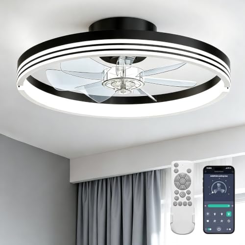 AKOFUN 18" Ceiling Fans with Lights and Remote, Low Profile Flush Mount Ceiling Fan with Light, 3000-6500K Dimmable LED Fan Light, Modern Bladeless Fandelier Ceiling Fans for Bedroom, Black Stripes