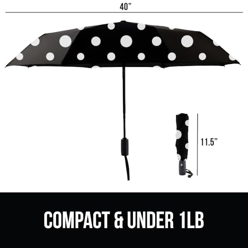 Image of GORILLA GRIP Compact Travel Size Umbrella for Rain, Sleek Design Fits Backpack, Purse and Carry On, Lightweight Under 1lb, One Click Open and Close, Wind Resistant, Durable Waterproof, Polka Dots