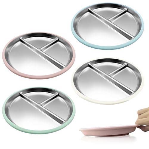 Image of AestuWarm 4-Pack Stainless Steel Baby Suction Plates, 9-Inch Divided Toddler Plates with Extra-Large Non-Slip Silicone Suction Base | Baby, Toddler, Kids| Dinner & Snack Plates | Dishwasher Safe