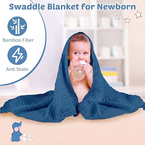 Image of Chumia 6 Pack Baby Muslin Bath Towels Bulk 43.3 x 43.3 Inch 6 Layer Soft Cotton Swaddle Receiving Blankets Breathable Quick Dry for Newborn Infant Toddler, Baby Shower Registry Gifts(Blue and White)