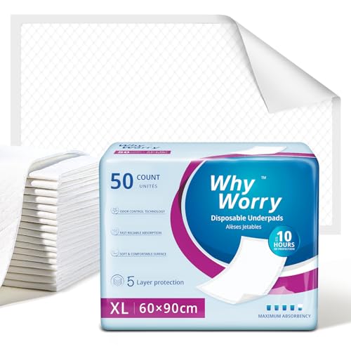 WhyWorry Empapadores Cama Adultos 60x90 cm para Incontinencia, Salvacamas para Adultos Desechables, Protector de Camas & Superficies, Cambiador Desechable Bebe, 50 Unidades